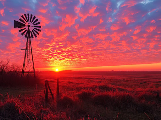 Windmill against a sunset near Boerne, Texas.
