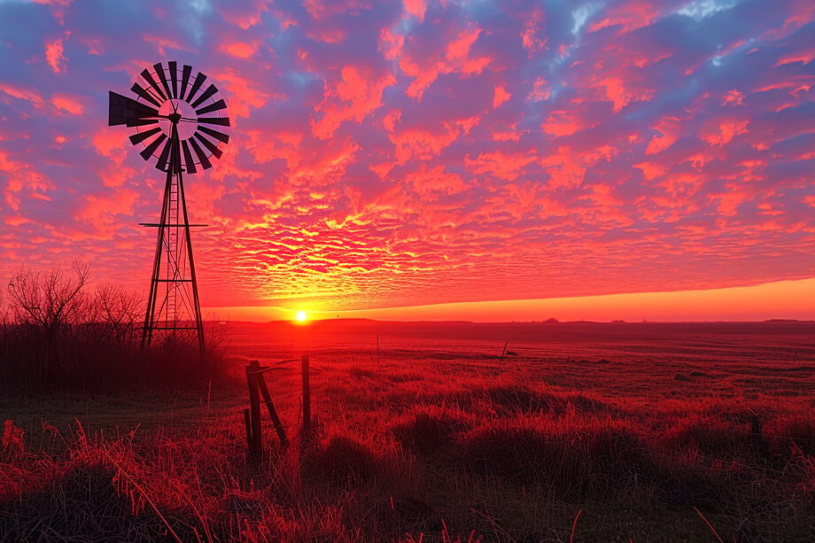 Windmill against a sunset near Boerne, Texas.